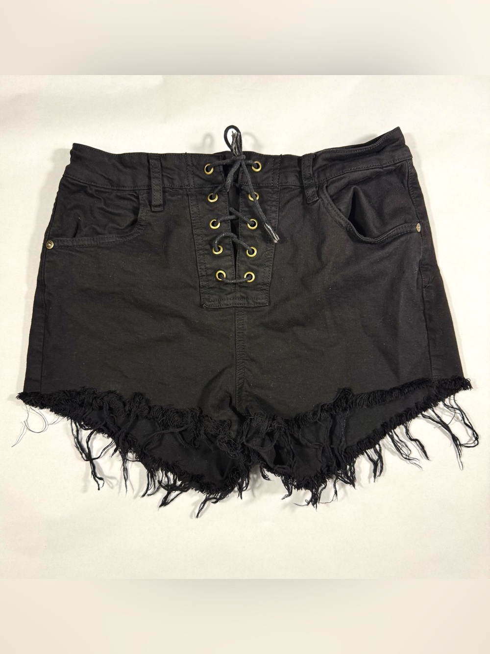 Windsor Black Lace-Up Frayed Hem Jean Shorts